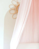a white bed with a pink canopy and a white wall